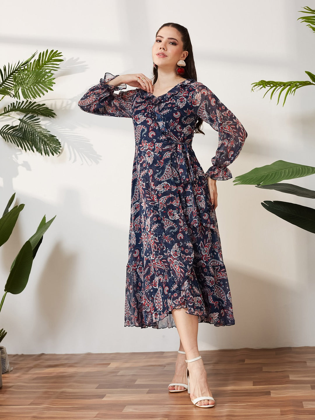 Navy Blue V Neck Full Sleeves Polyester Relaxed Fit Midi Length Dress for Women