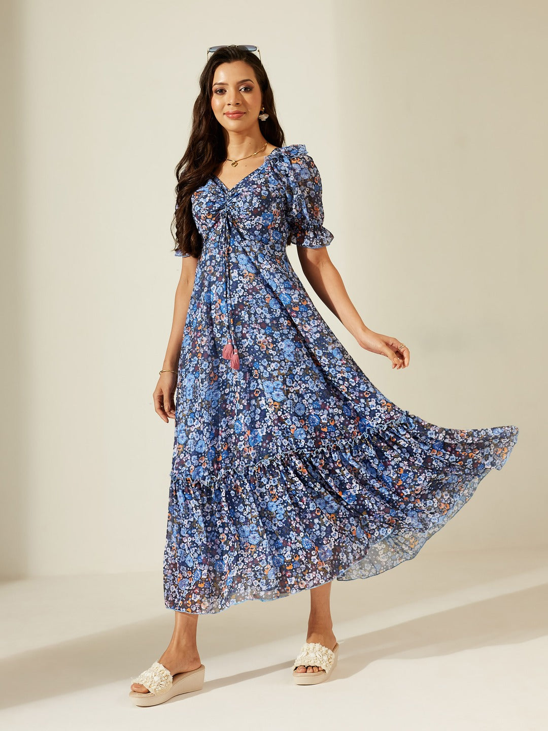 Navy Blue V-Neck Puff Sleeve Floral Ruching Ankle-Length Dress for Women