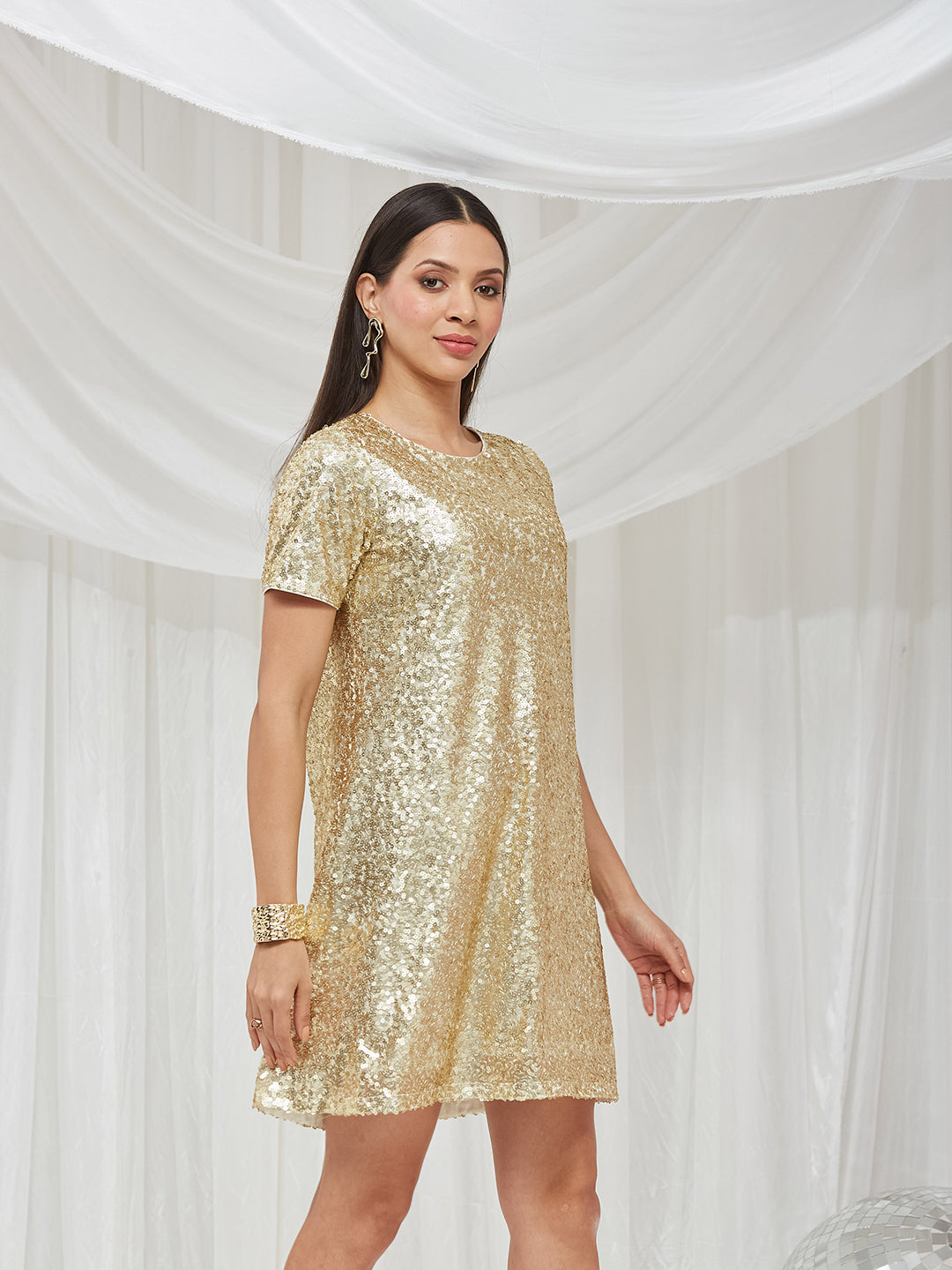 Off White Round Neck Half Sleeve Embellished A-Line Mini Sequined Dress for Women — Miss Chase
