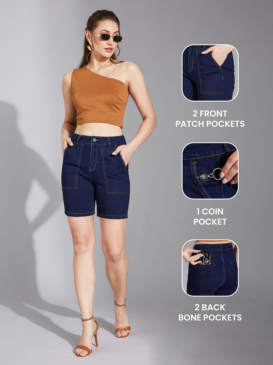 Women's Navy Blue Regular High-Rise Clean-Look Above-Knee Stretchable Denim Shorts