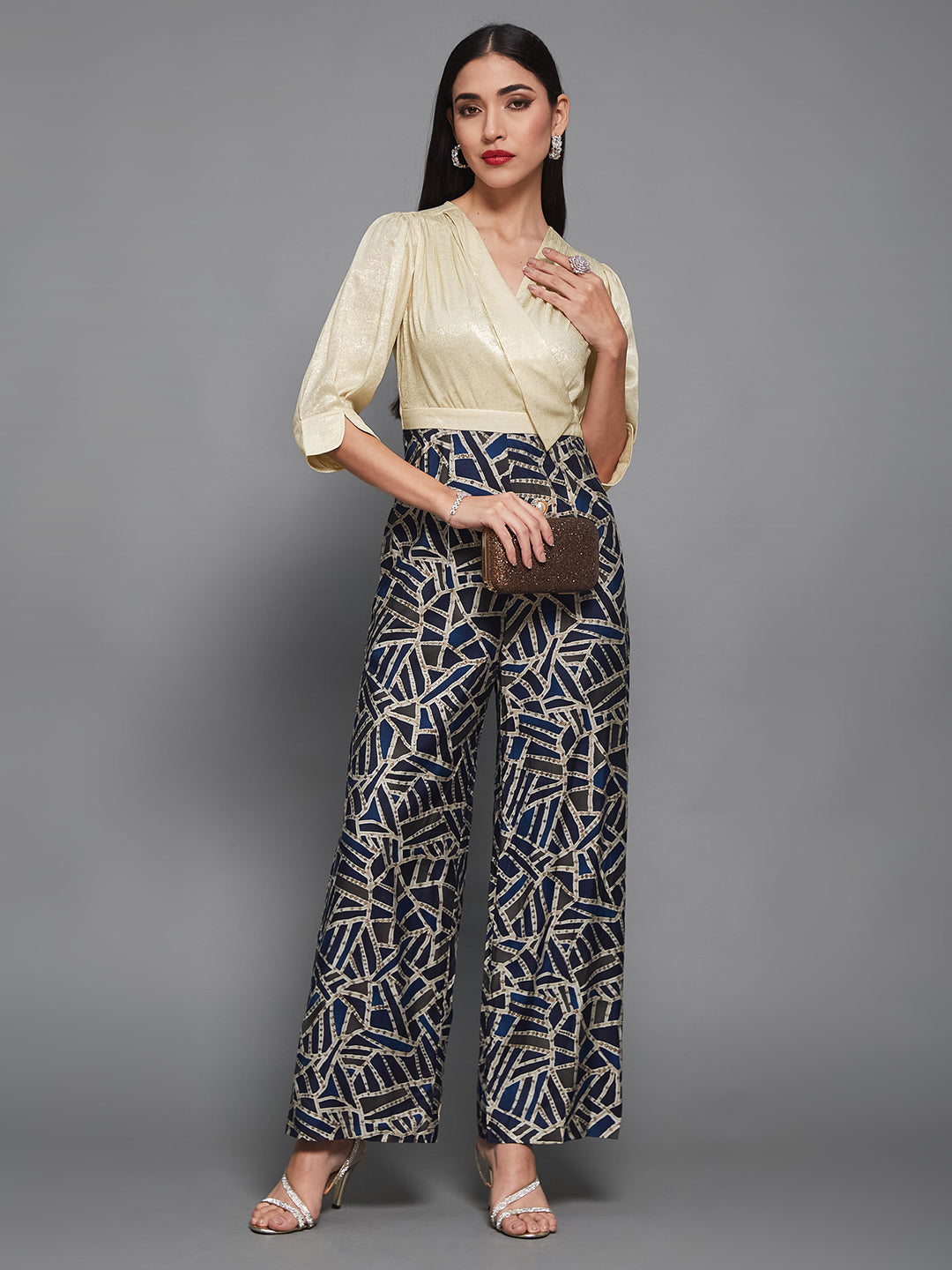 Cream Asymmetric Shawl-Collar 3/4 Sleeve Geometric Regular Jumpsuit for Women