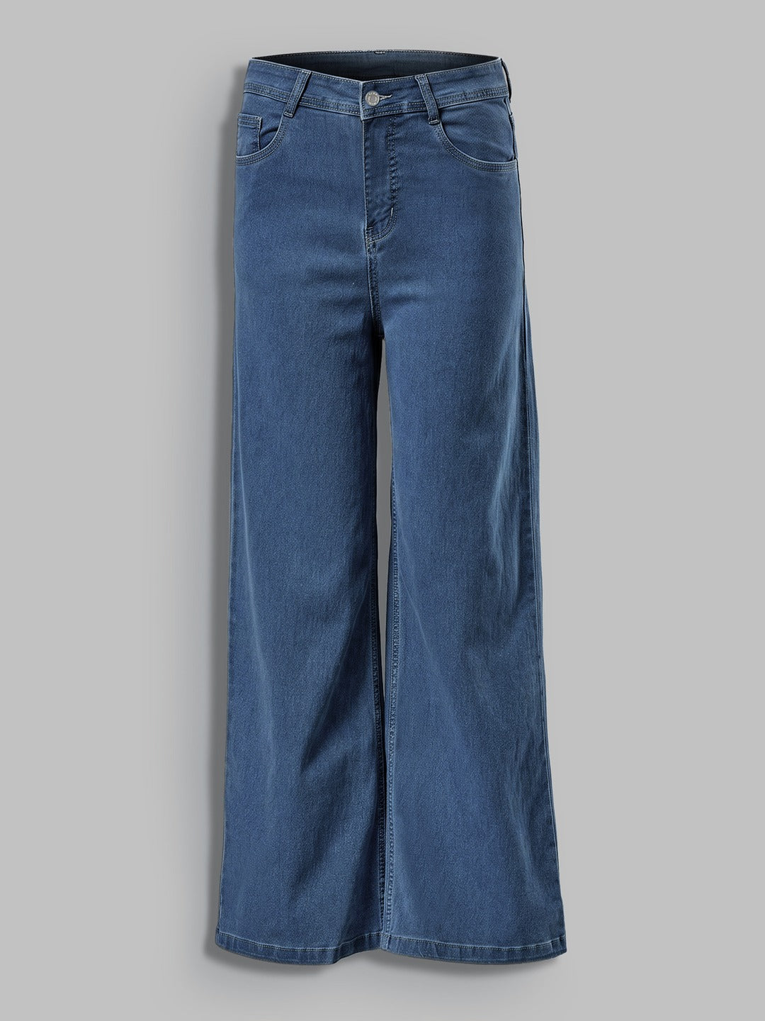 Blue Wide-Leg High-Rise Stretchable Denim Jeans for Women