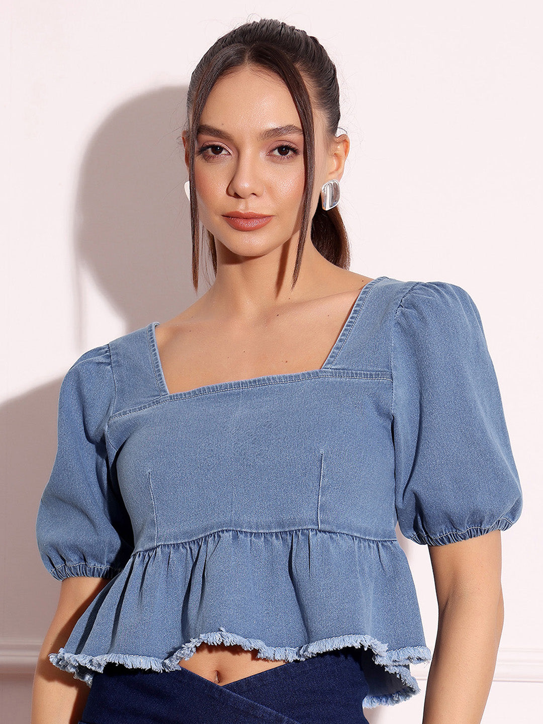 Light Blue Square-Neck Puff-Sleeve Peplum-Styled Denim Cropped Top For Women