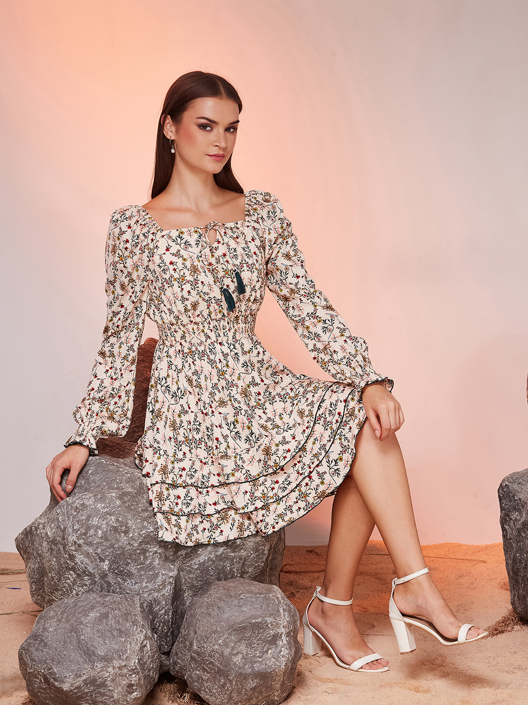 Peach Tie-Up Bishop Floral Layered Knee-Long Crepe Dress for Women