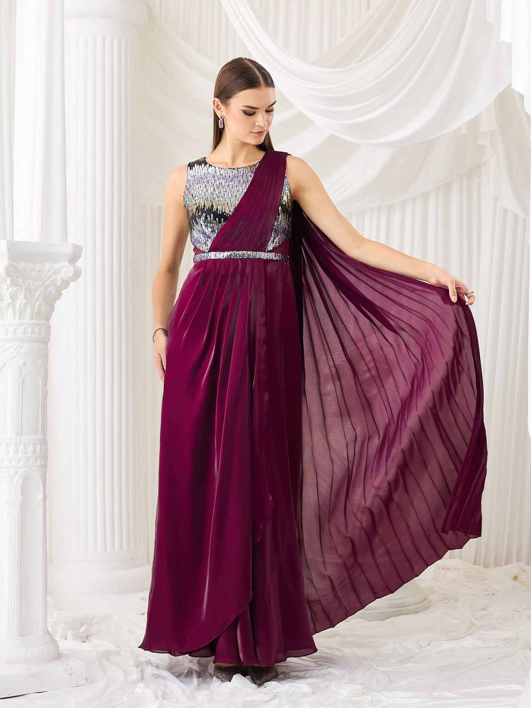 Round Neck Gown in Dark Purple with Embellished Satin Layers for Women
