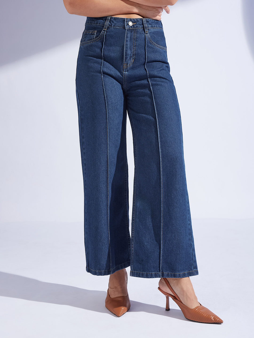 Women's Navy Blue Wide-Leg High-Rise Clean-Look Regular-Length Non-stretchable Denim Jeans