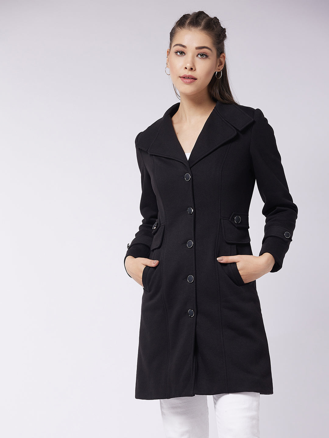 Women's Black Notch Collar Full Sleeve Solid Front-Open Longline Jacket