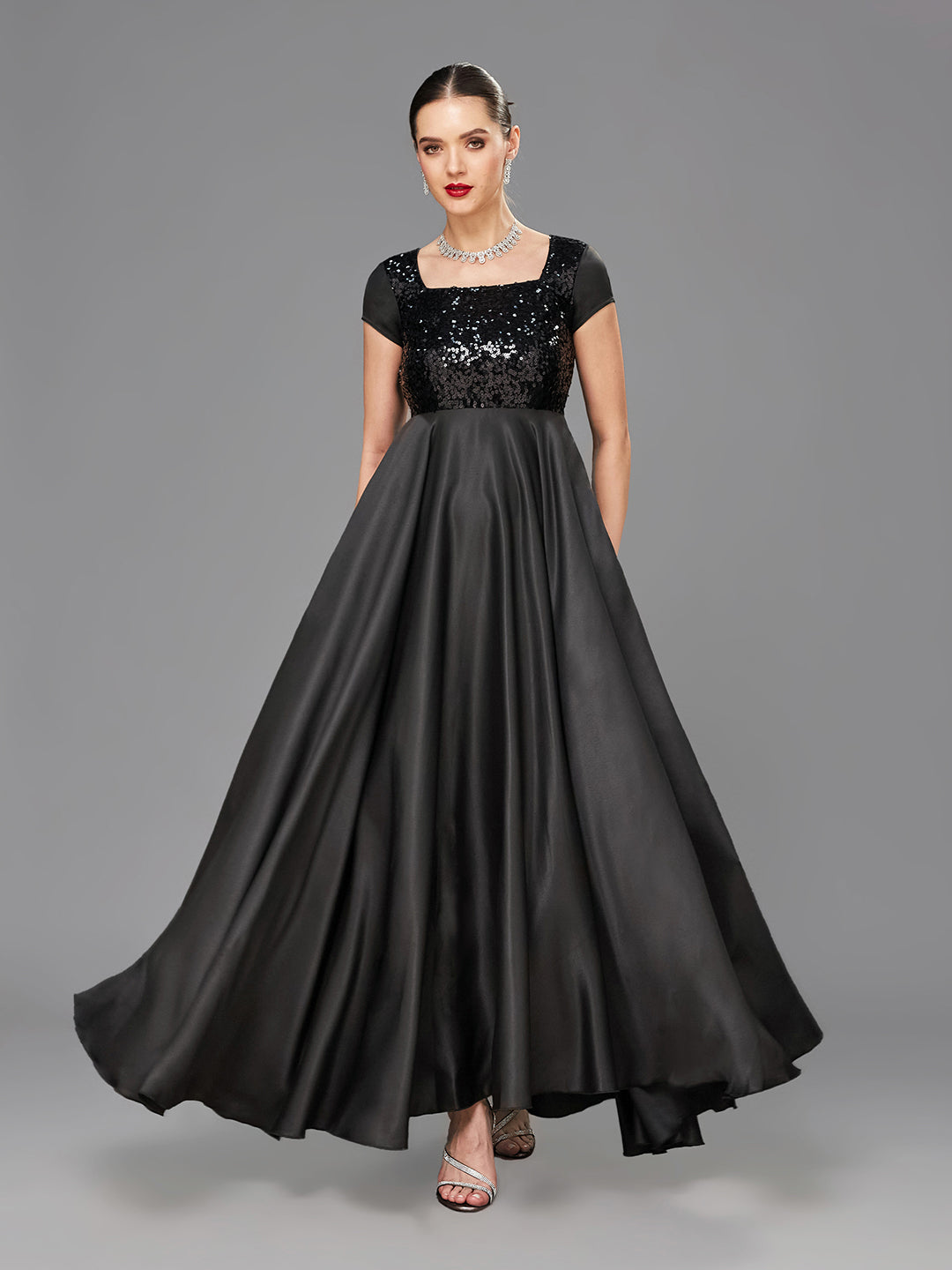 Women's Black Square Neck Short Sleeve Embellished Polyester Fit & Flare Maxi Dress