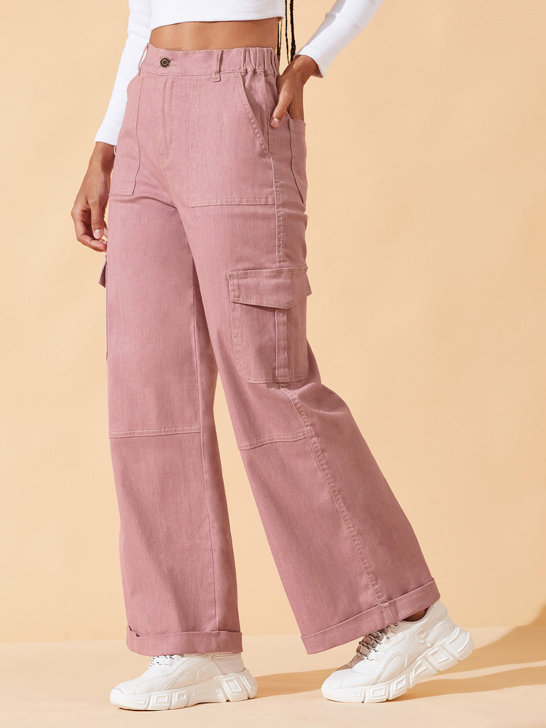 Rose Pink Wide-Leg High-Rise Stretchable Denim Pants For Women