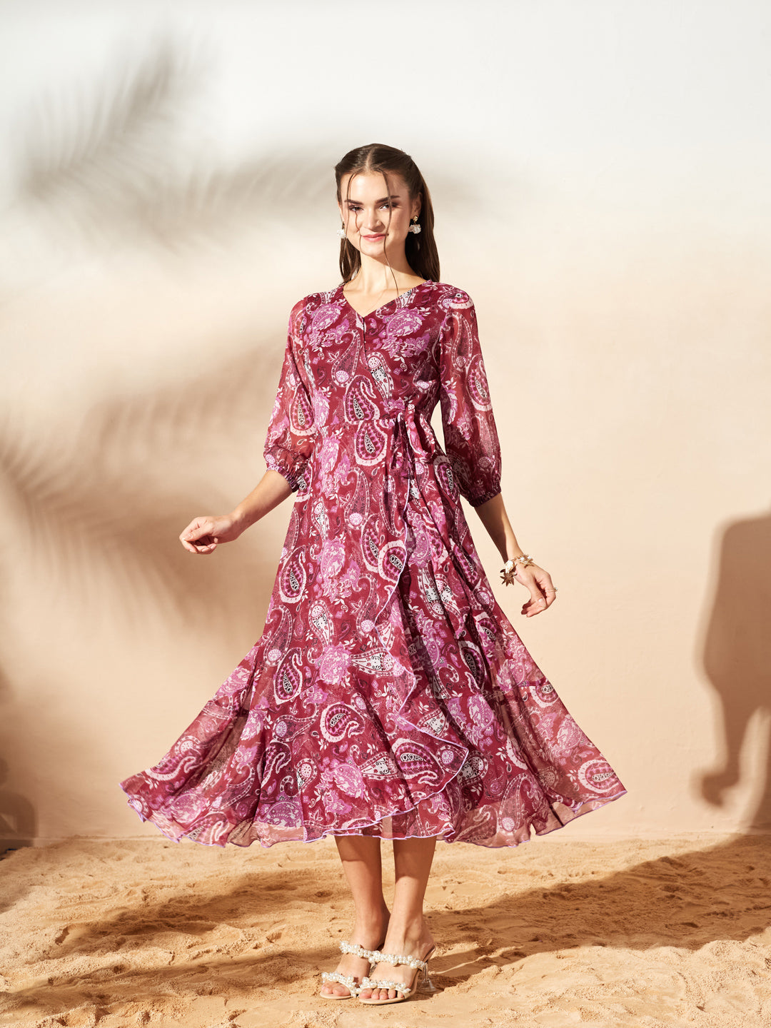 Women’s Multicolored Wine Floral V-Neck 3/4 Sleeve Wrap Midi Chiffon Dress for Women