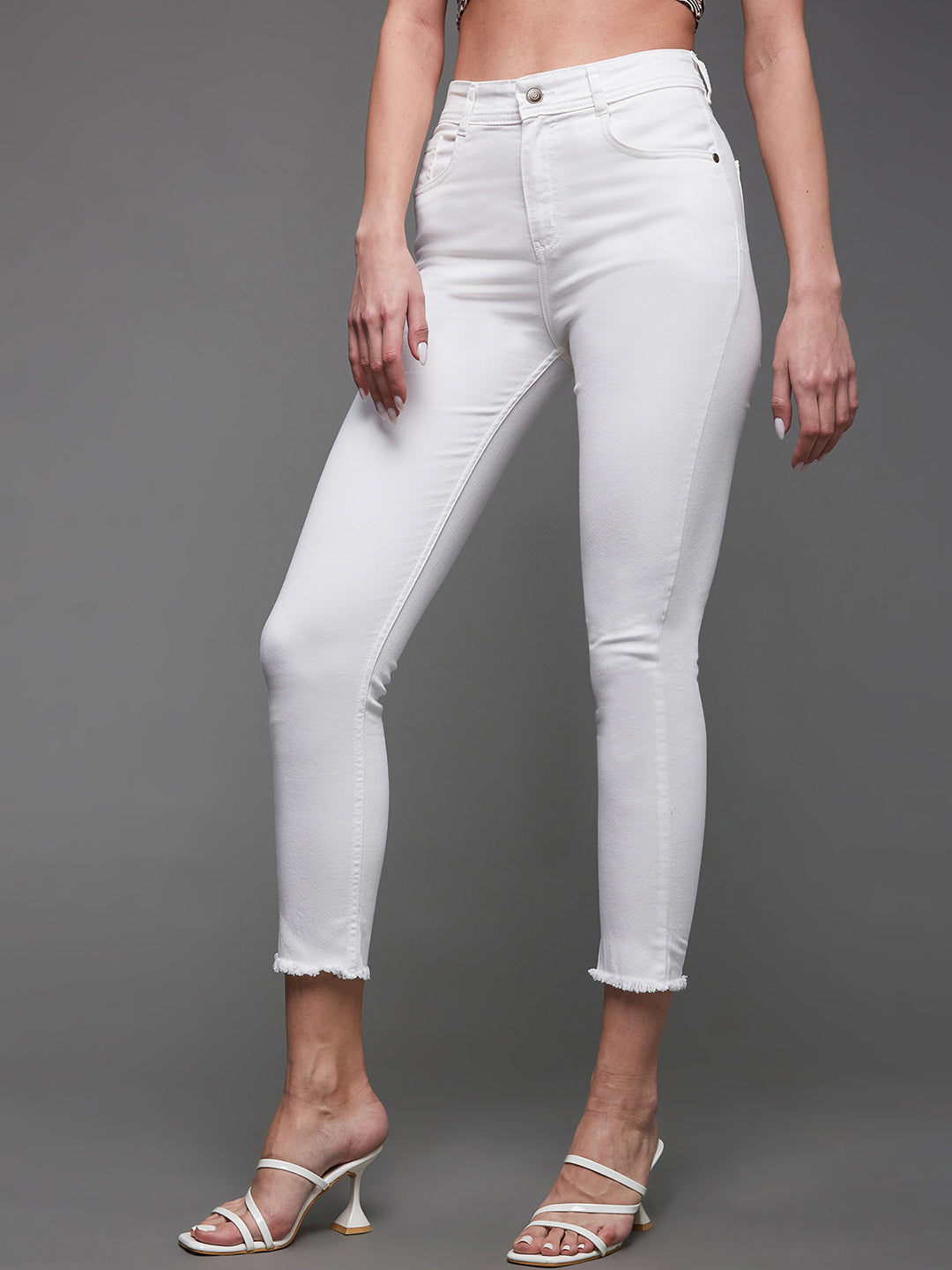 Women's White Skinny High Rise Clean Look Bleached Cropped Stretchable Denim Jeans