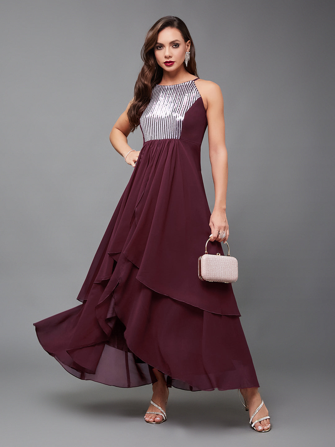 Women's Multicolored-Base-Wine Halter Neck Sleeveless Embellished Layered Georgette Maxi Dress