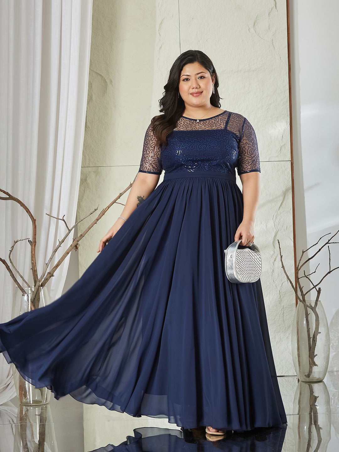 Navy Blue Relaxed Fit Maxi Georgette & Sequins Dress for Women