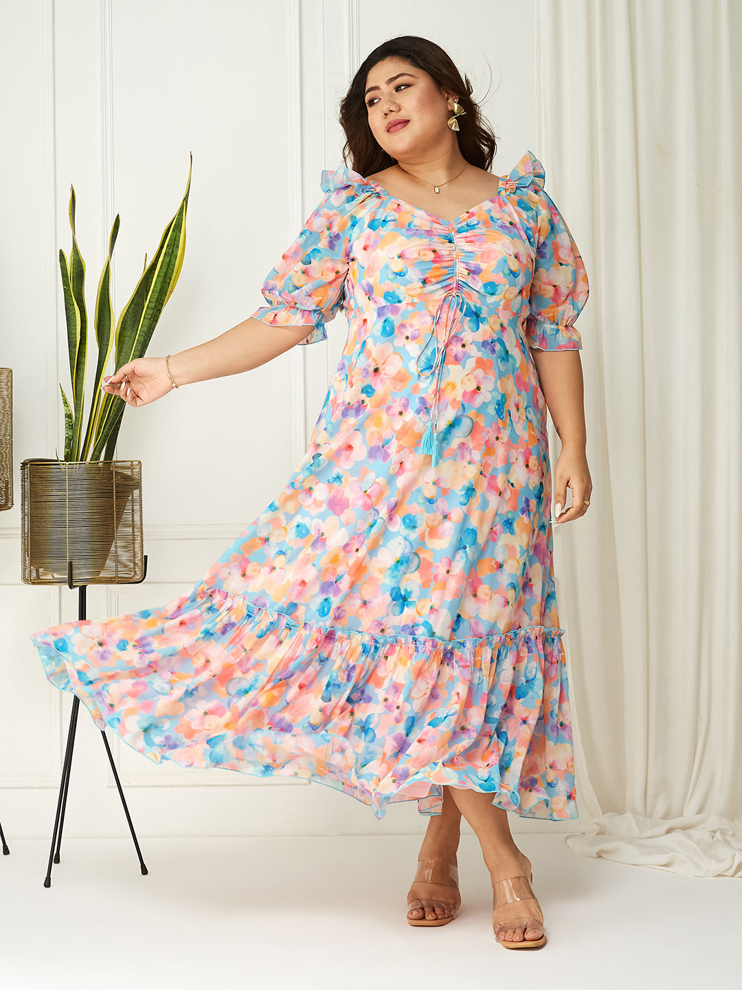 Women's Multicolored-Base-Sky Blue V-Neck Puff Sleeve Floral Ruching Ankle-Length Dress