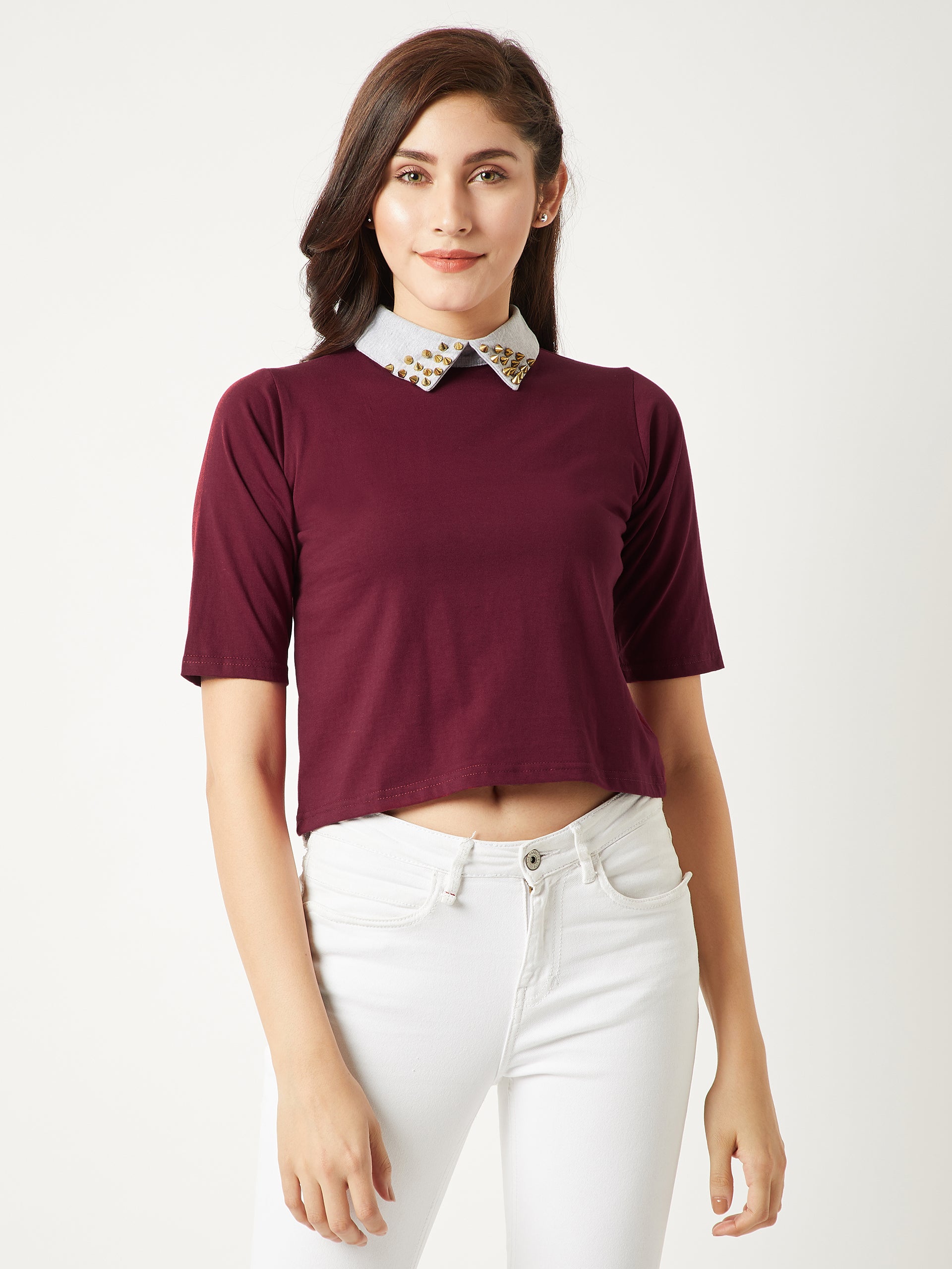 Women's Maroon Round Neck Half Sleeve Cotton Solid Embellished Buttoned Collared Crop Top