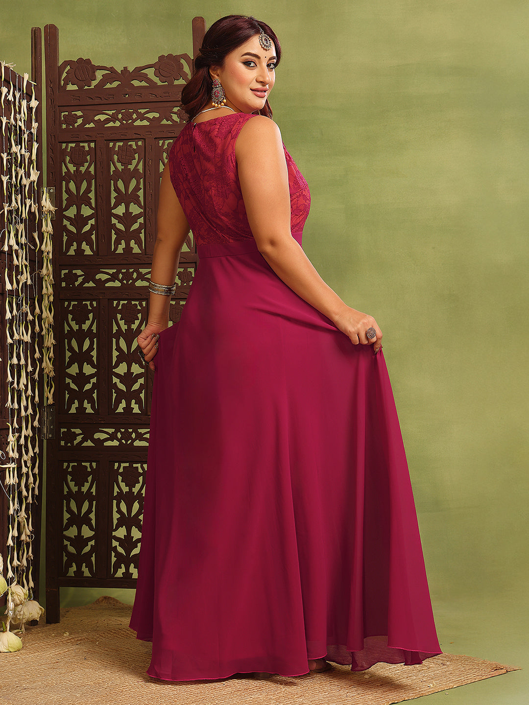 Dark Pink & Rust Boat Neck Sleeveless Self Design Lace Overlaid Regular Dress for Women