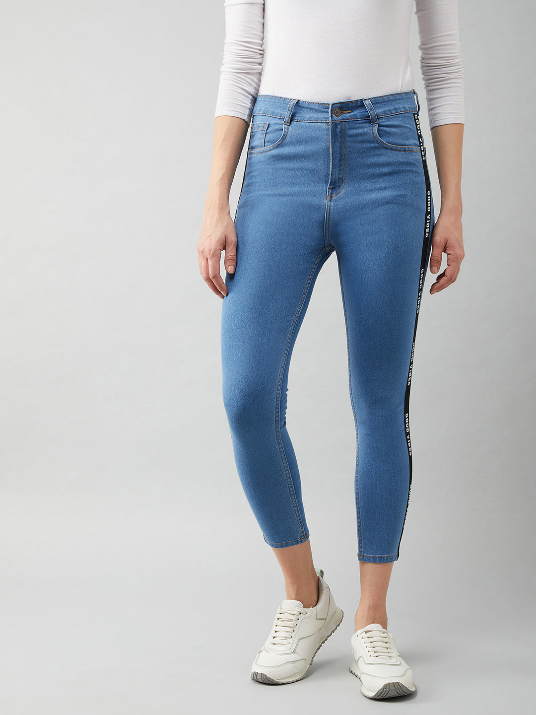 Women's Blue Skinny Fit High Rise Cropped Denim Stretchable Jeans