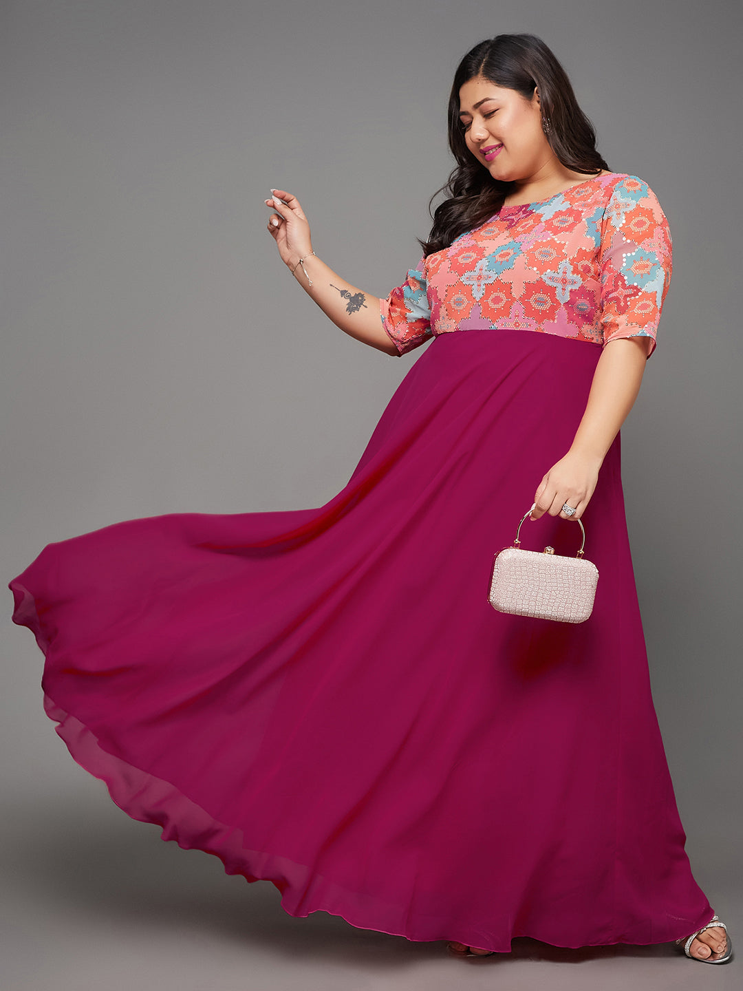 Women's Multicolored-Base-Dark Pink Boat Neck Half Sleeve Geometric Fit & Flare Georgette Maxi Dress