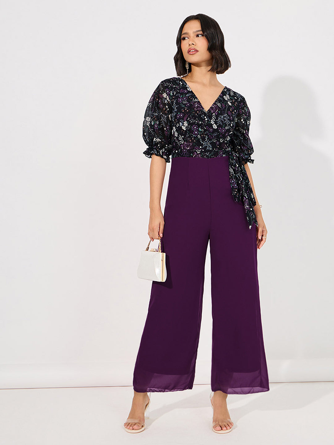 Women's Multicolored-Base-Dark Purple V-Neck Puff-Sleeves Floral Patterned Wrap Regular Georgette Jumpsuit