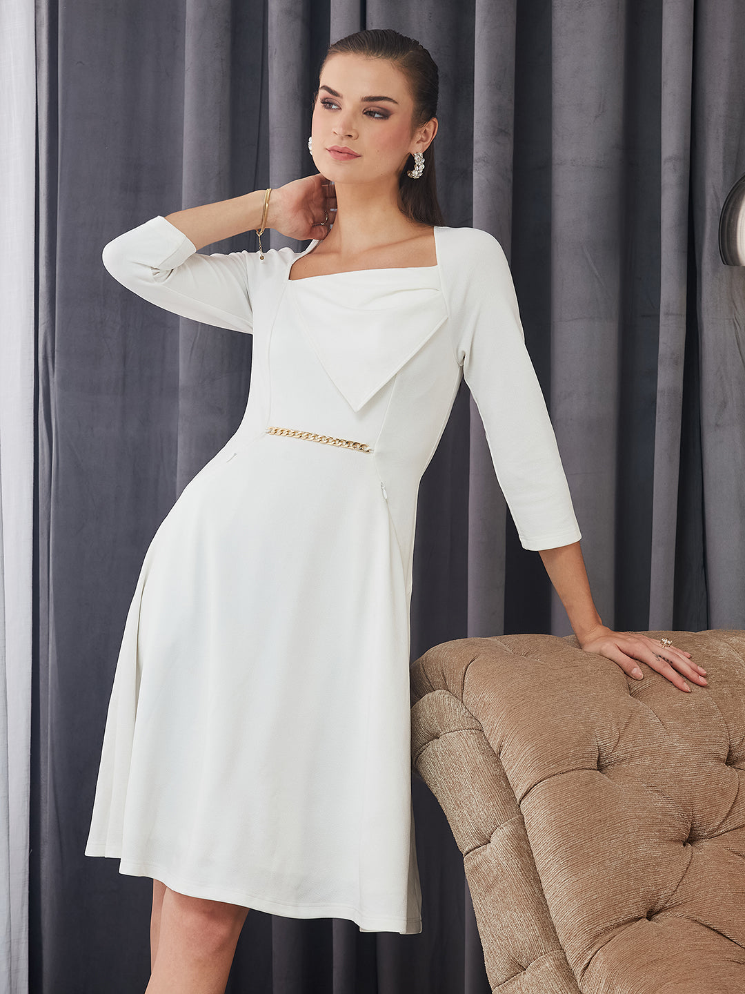Women's Off White Solid Square Neck Raglan Sleeves Side Pocketed Polyester Fit and Flare Knee-Length Dress