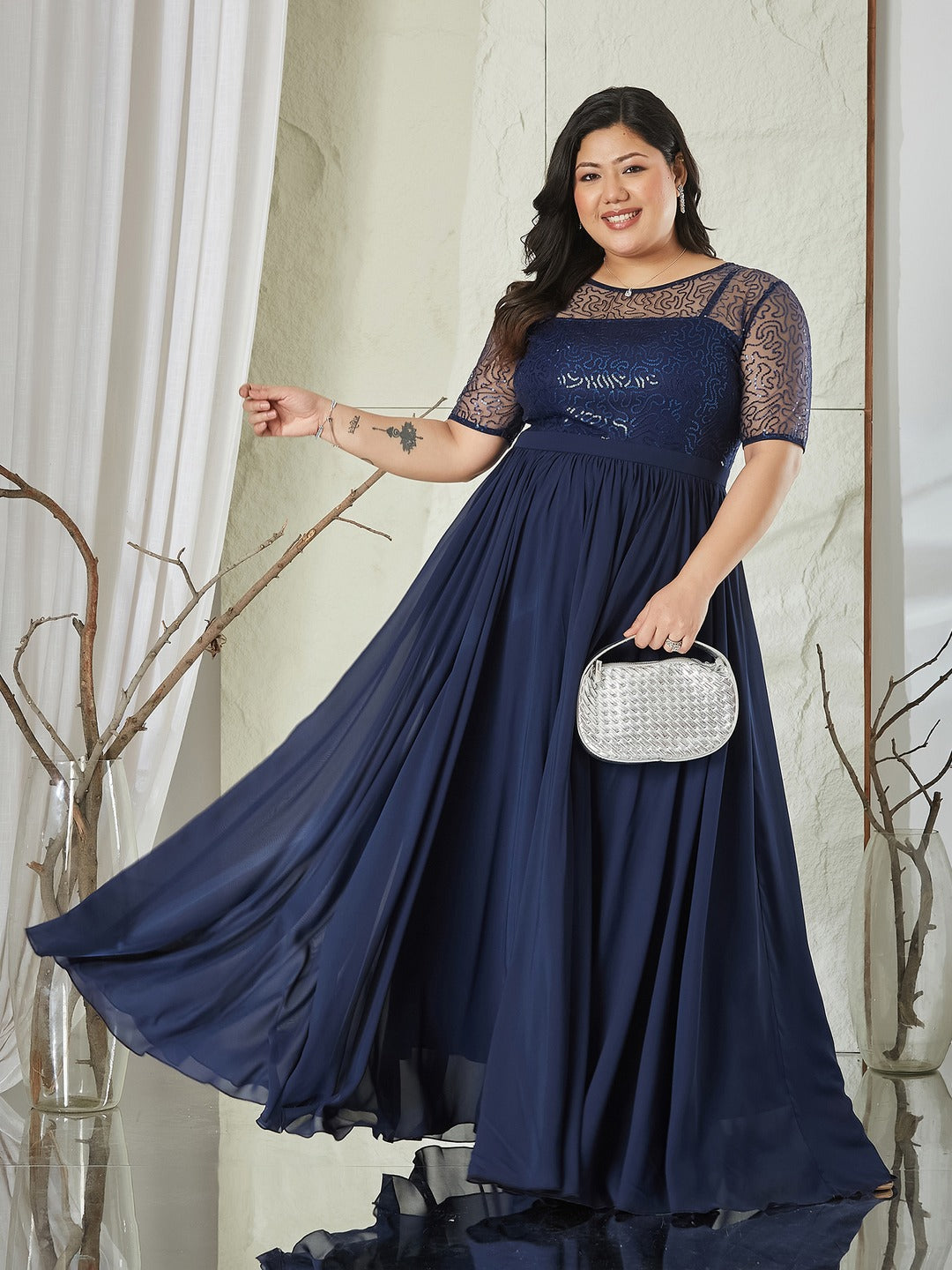 Navy Blue Relaxed Fit Maxi Georgette & Sequins Dress for Women