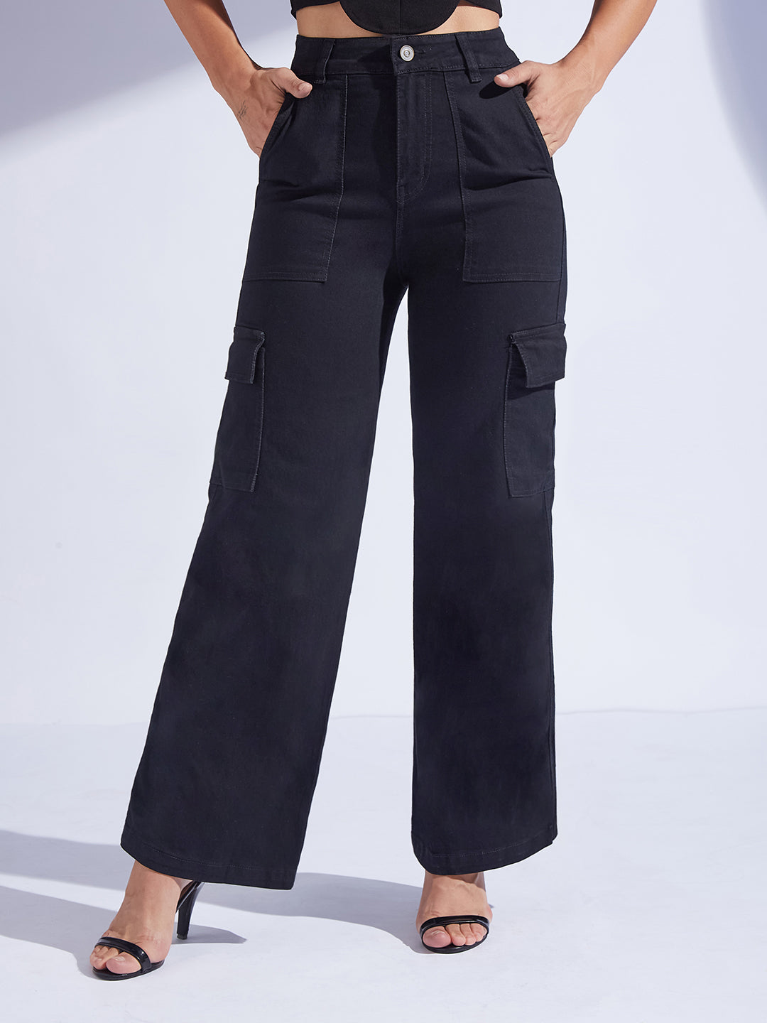Women's Black Wide leg High-Rise Regular Stretchable Denim Jeans