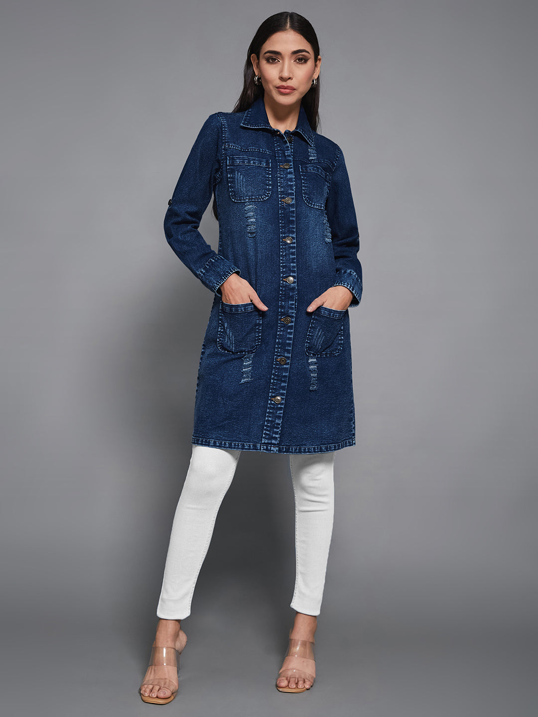 Women's Navy Blue Solid Polo Neck Full Sleeves Patch Pocket Denim Overcoat Knee-Length Jacket