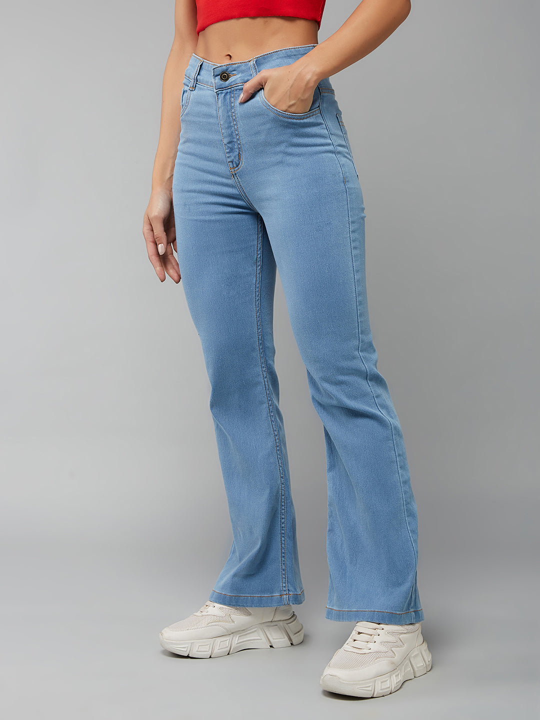 24/7 Comfort Women's Timeless Light Blue Bell Bottom Bootcut Hourglass High rise Regular Stretchable Denim Light Weight Jeans