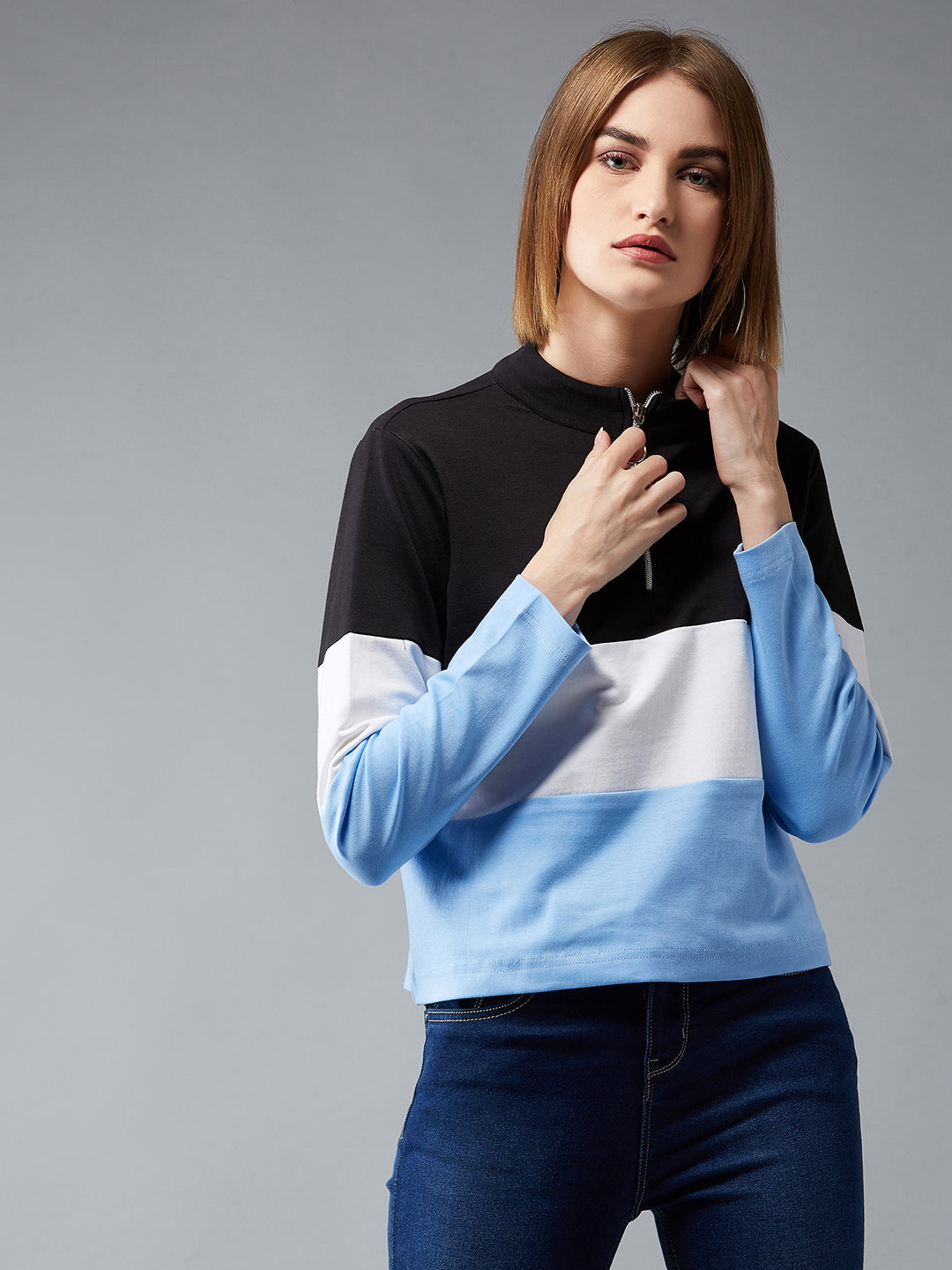 Women's Multicolor-Base Blue Polo Neck Full Sleeves Cotton Ribbed Solid Color-blocked Regular Length Boxy Sweatshirt