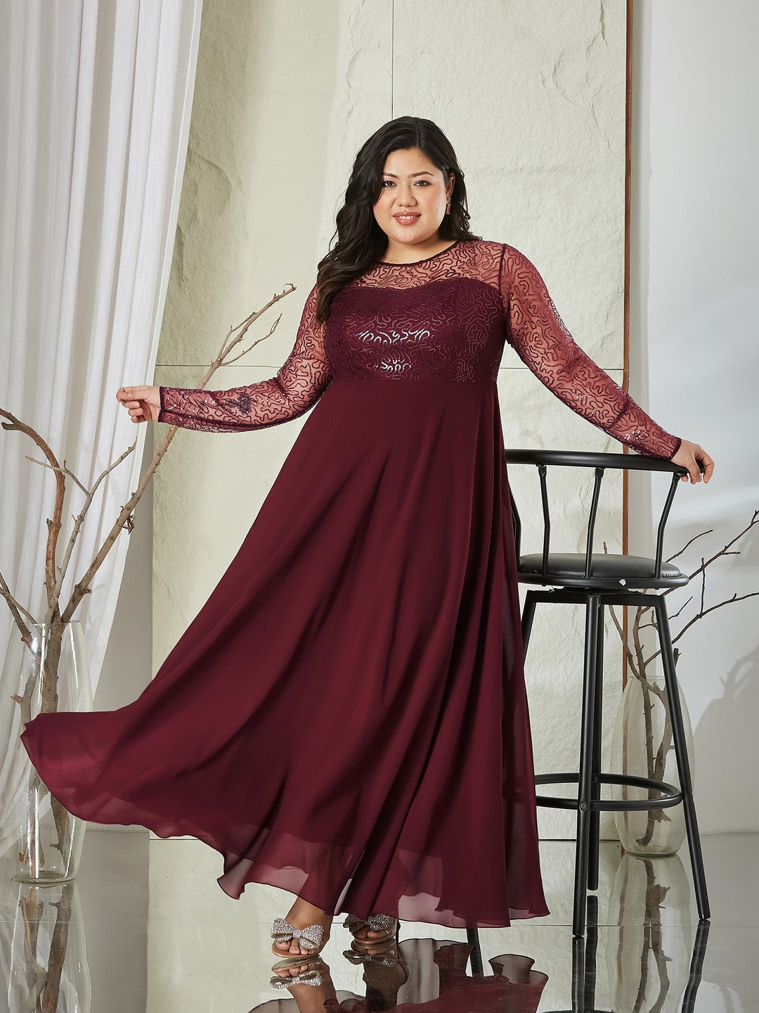 Wine Solid Embellished Maxi Dress for Women