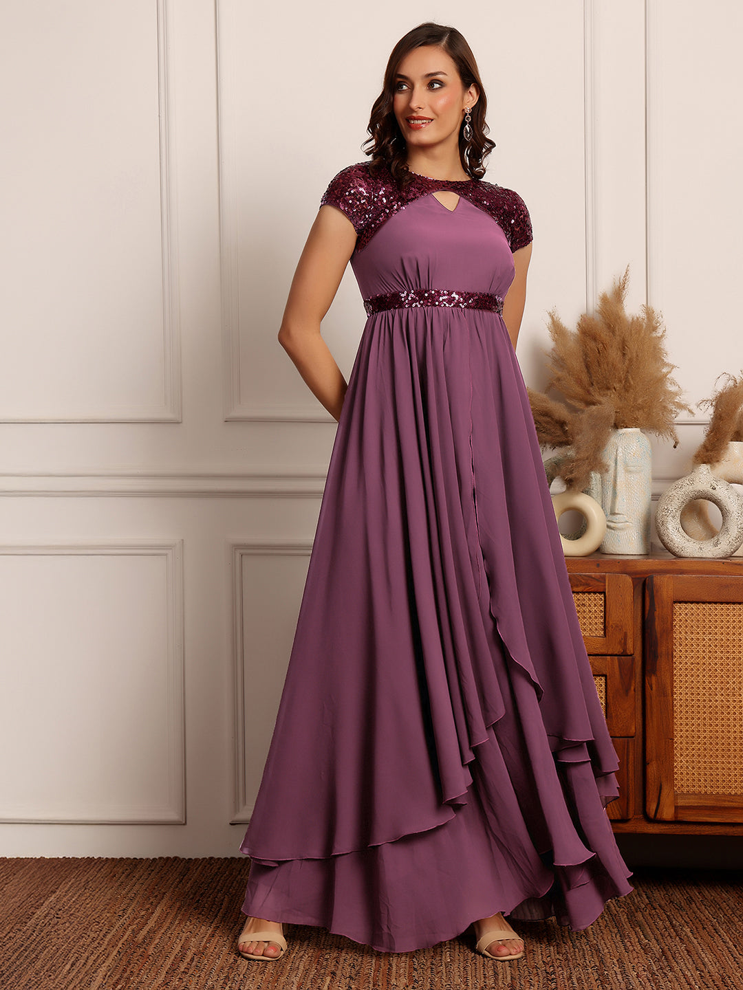 Women's Mauve Keyhole Short Sleeve Embellished Layered Georgette Maxi Dress