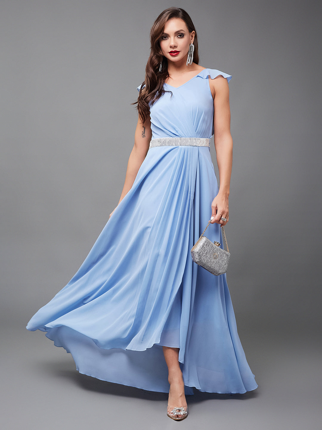 Women's Powder Blue V-Neck Ruffled Sleeve Solid Embellished Maxi Dress