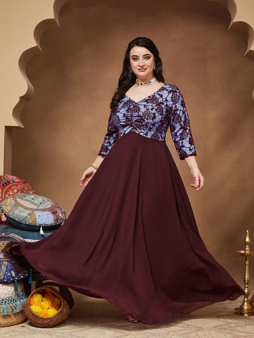 Wine Sweet heart neck 3/4 Sleeve Self Design Fit & Flare Maxi Dress for Women