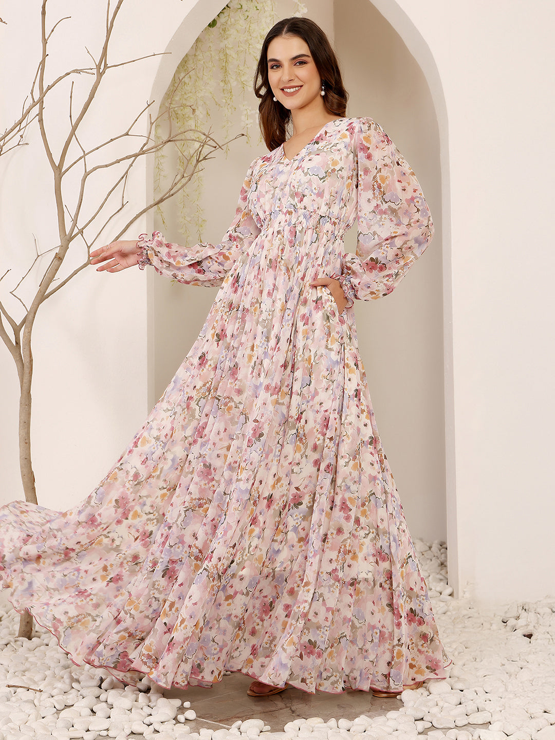 Pink Full Sleeves Floral Printed Fit and Flare Dress for Women 