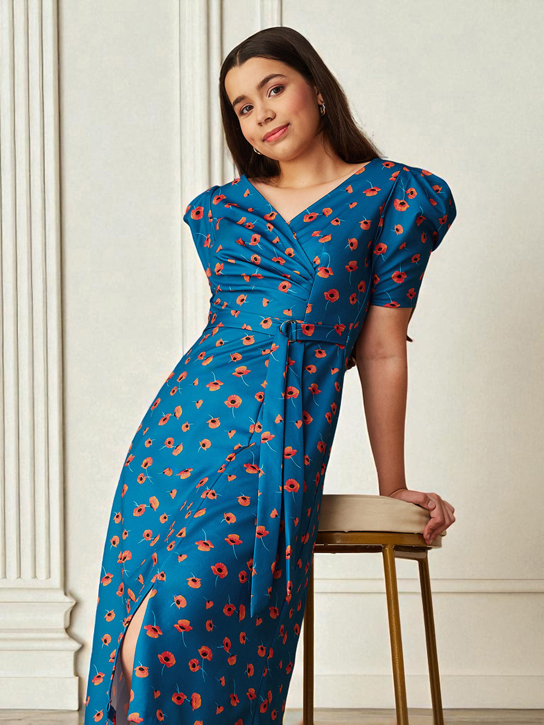 Multicolored-Base-Blue V-Neck Pleated Puff Sleeve Floral Patterned Wrap Midi Polyester Dress for Girls/Teenagers