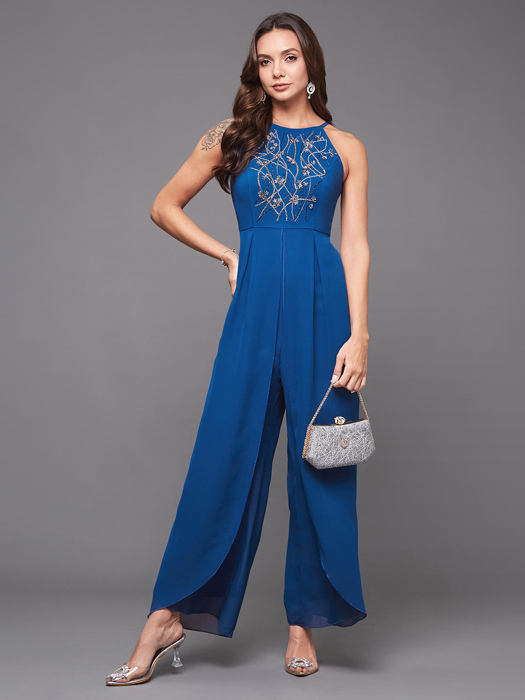 Women's Royal Blue Round Neck Sleeveless Embellished Halter Neck Jumpsuit