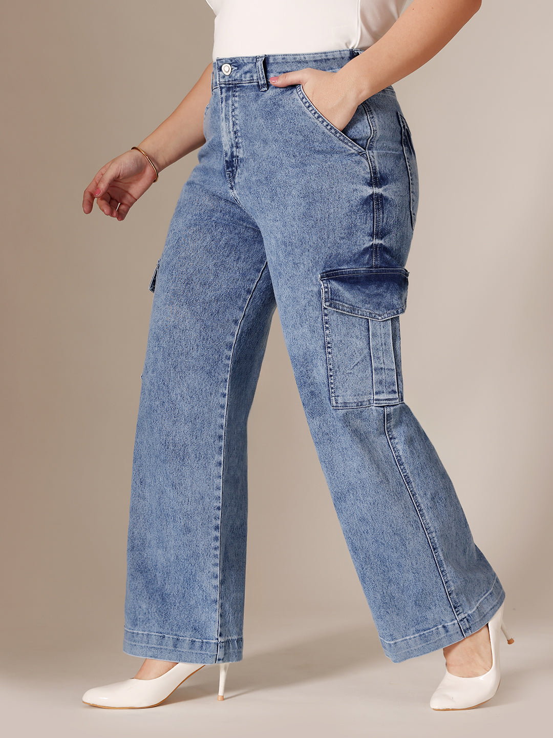 24/7 Comfort Mid Blue Wide-Leg High-Rise Clean-Look Regular-Length Stretchable Flared Cargo Style Denim Jeans for Women