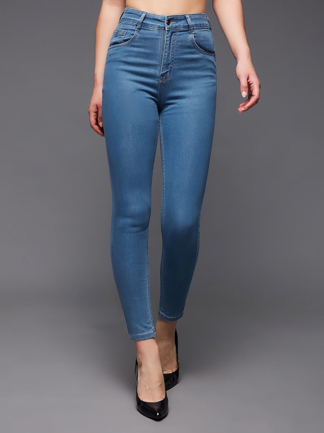 Women's Blue Solid Skinny High Rise Clean Look Cropped Solid Stretchable Denim Jeans