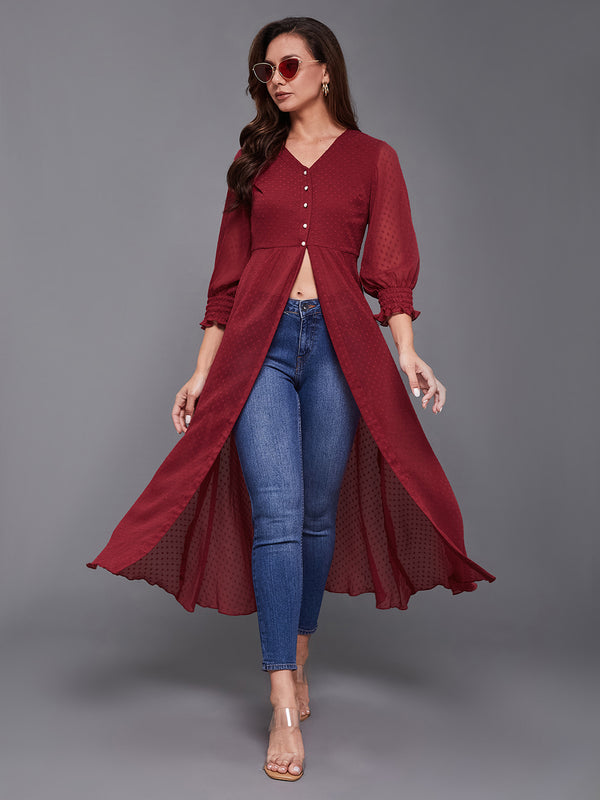 Women's Maroon V-Neck 3/4 Sleeves solid empire Maxi Top