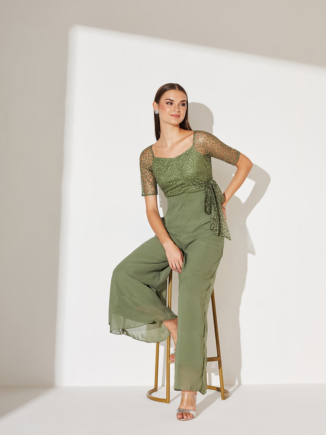 Women's Light Green Square Neck Raglan sleeve Solid Embroidered Regular Jumpsuit