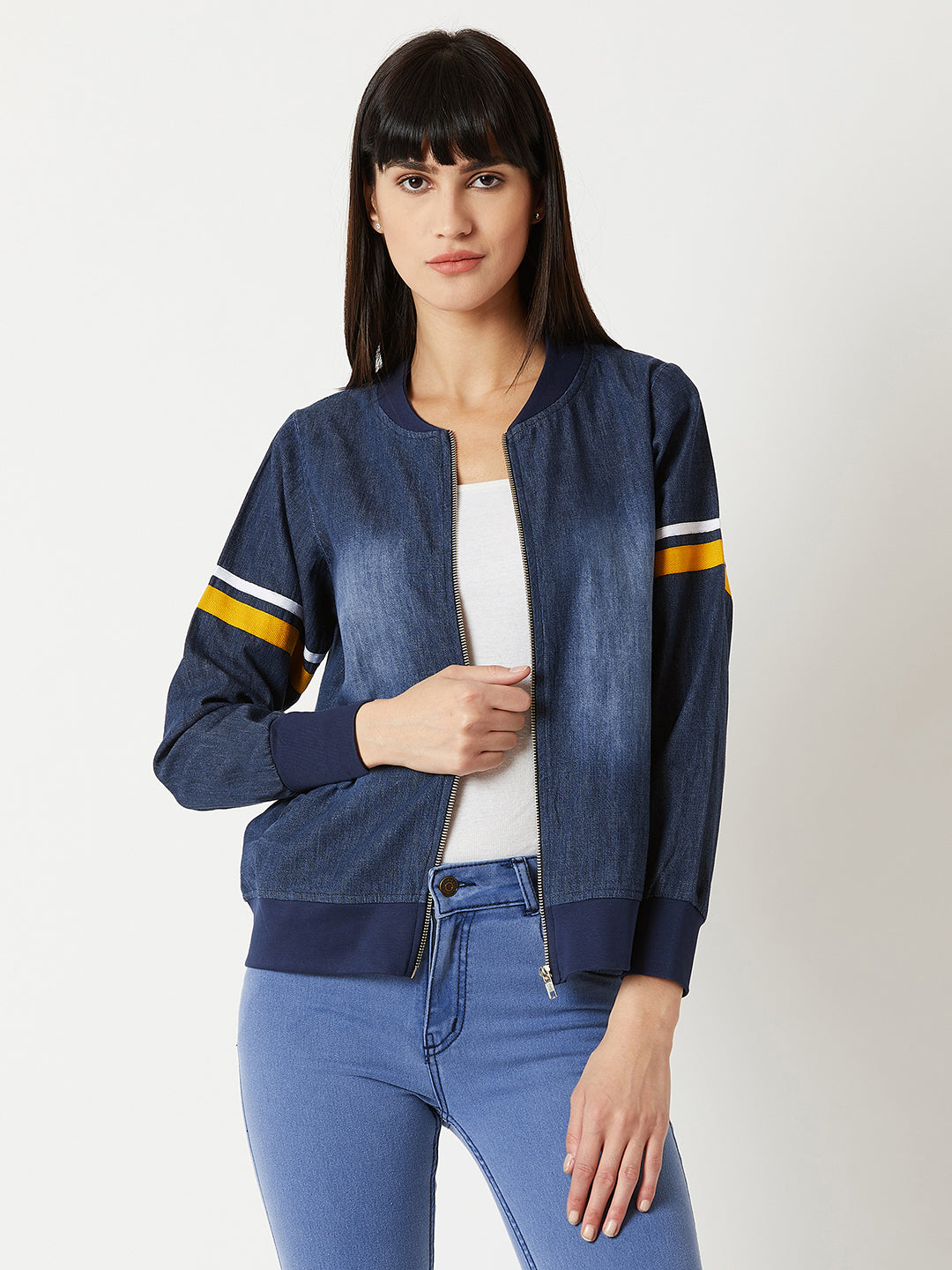 Women's Navy Blue V Neck Full Sleeve Twill And Rib Detailing Solid Bomber Denim Jacket