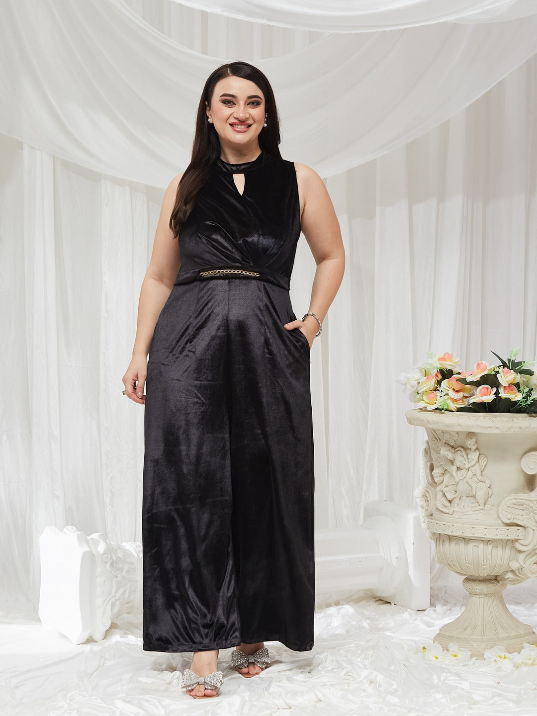 Black Choker Neck Sleeveless Solid Pleated Regular Jumpsuit for Women