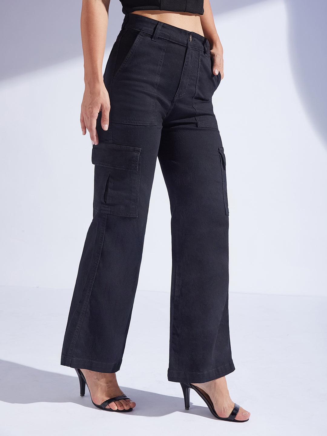 Women's Black Wide-Leg High-Rise Clean-Look Regular-Length Stretchable Denim Cargo Jeans