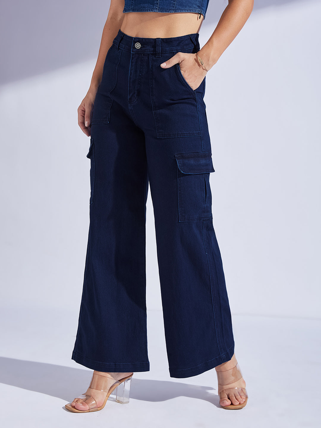 Women's Navy Blue Wide leg High-Rise Stretchable Denim Jeans