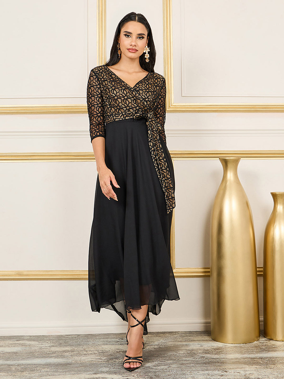 Women's Black Self-Designed Relaxed Fit V-Neck 3/4th Sleeve Georgette And Lace Maxi Dress