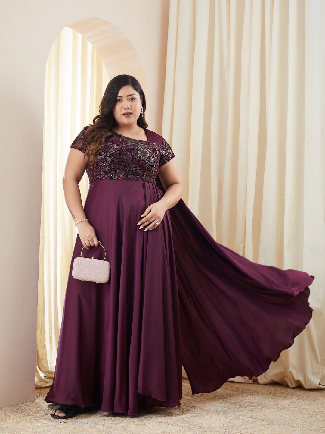 Purple Asymmetric Draped Gown in Embroidered Luxe Satin for Women