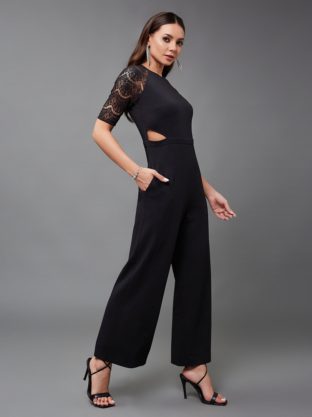 Crease Ease Women's Black Raglan Half Sleeve Solid Waist Cut-Out Jumpsuit