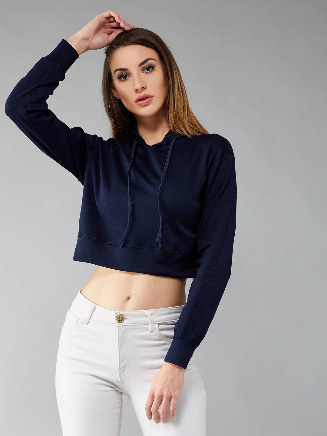 Women's Navy Blue Solid Round Neck Full Sleeve Hooded Boxy Crop Sweatshirt