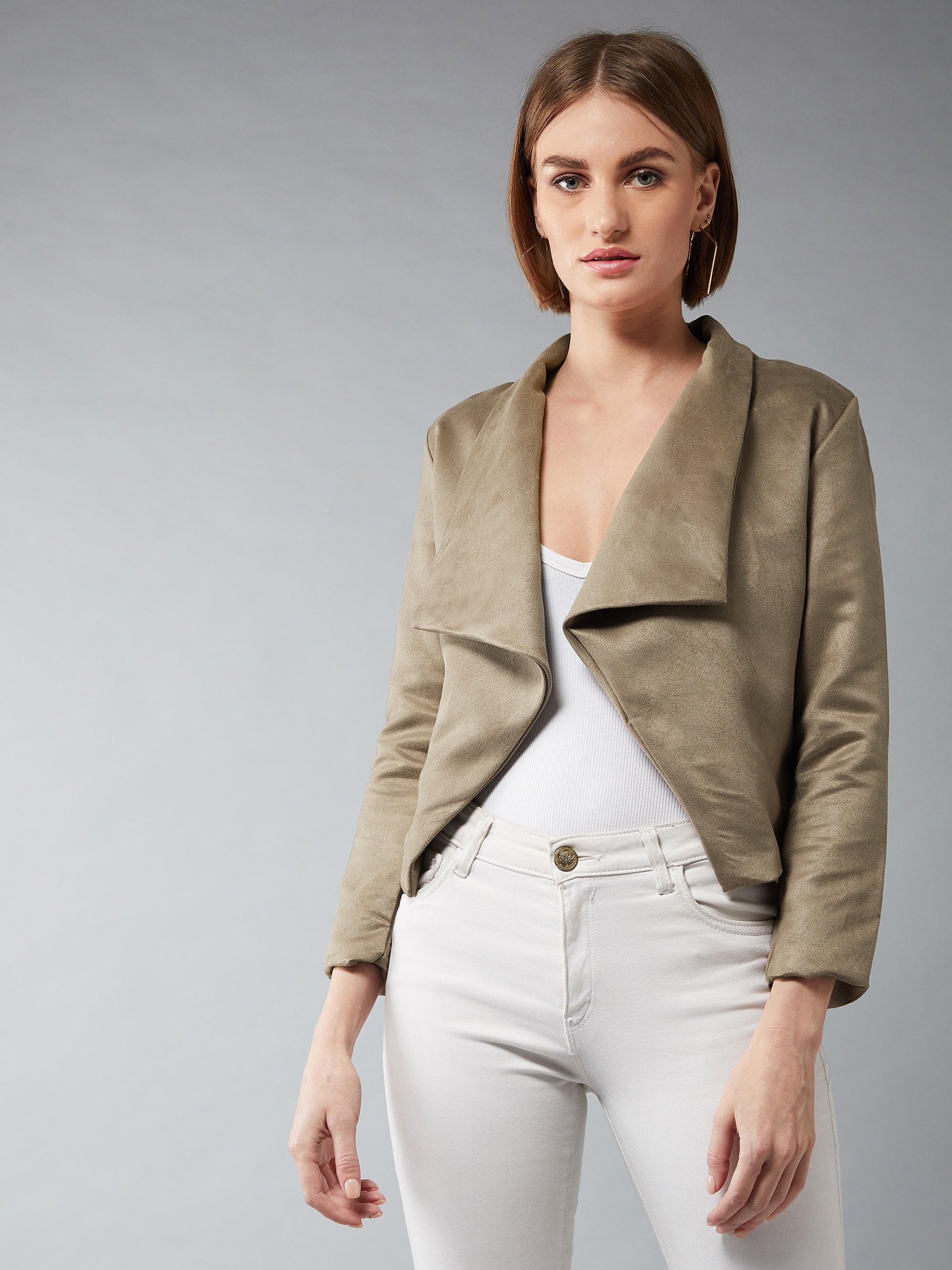 Women's Olive Green Open-Front Full Sleeves Solid Waterfall Regular Length Jacket