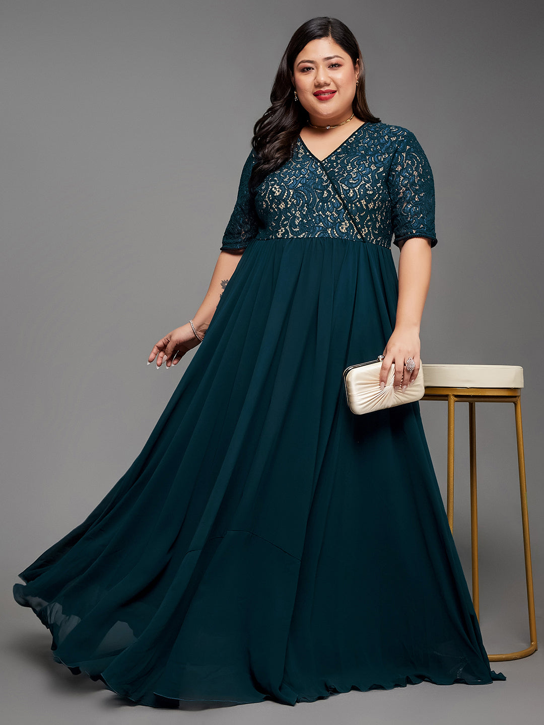 Women's Teal V-Neck Half Sleeve Self Designed Wrap Georgette Maxi Dress